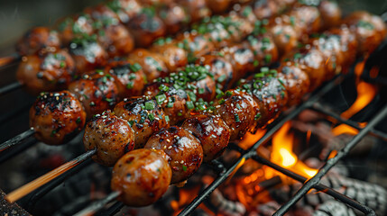 Roasting sausages on skewers on fire outdoor