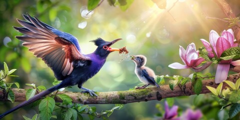 Mother Bird Feeding Her Chick on a Branch, capturing the nurturing behavior and beauty of wildlife in their natural habitat, highlighting the care and tenderness of animal parenting, Generative AI
