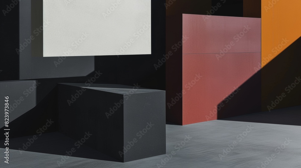 Poster an artful display of geometric shapes bathed in soft light and deep shadows, evoking a sense of mini