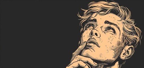 Illustration of a thoughtful person looking up, contemplating something profound with a finger on their chin, against a dark background.