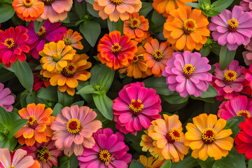 Impressive Display of Zinnia Flowers Blooming in Well-tended Garden Bathed in Natural Sunlight