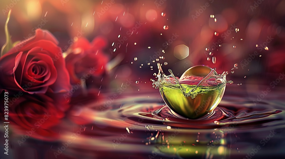 Poster a bowl of water with red roses in the background and a splash of water on its surface as a drop of w