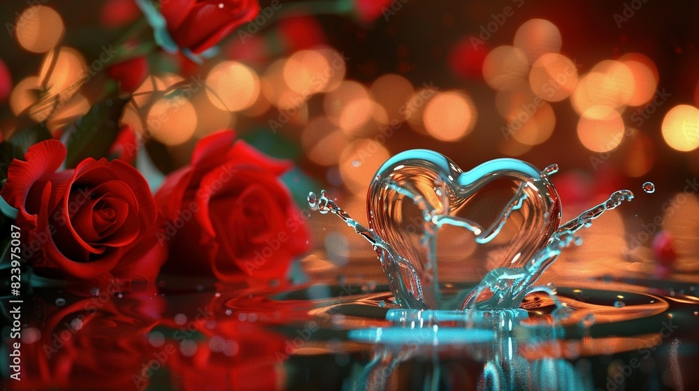 Poster a close-up image of a heart-shaped object resting on a surface, surrounded by red roses and glowing 