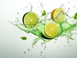 sparkling water with green limes flying, splash transparent water, white background