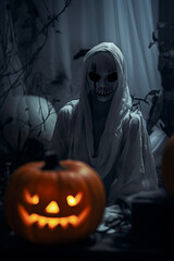Halloween ghost. Happy Halloween background. Scary Lantern. All saints day. Day of Death.