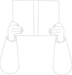 Raised people hands holding book. Line drawing style. Reading, education concept. Hand drawn vector Illustration.