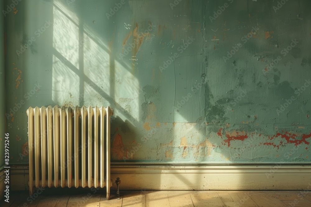 Poster warm sunlight casting shadows from a window onto an empty room with radiator