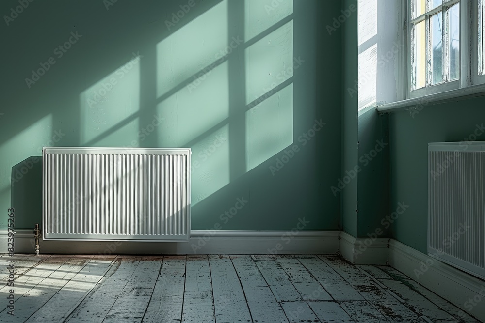 Poster warm sunlight casting shadows from a window onto an empty room with radiator