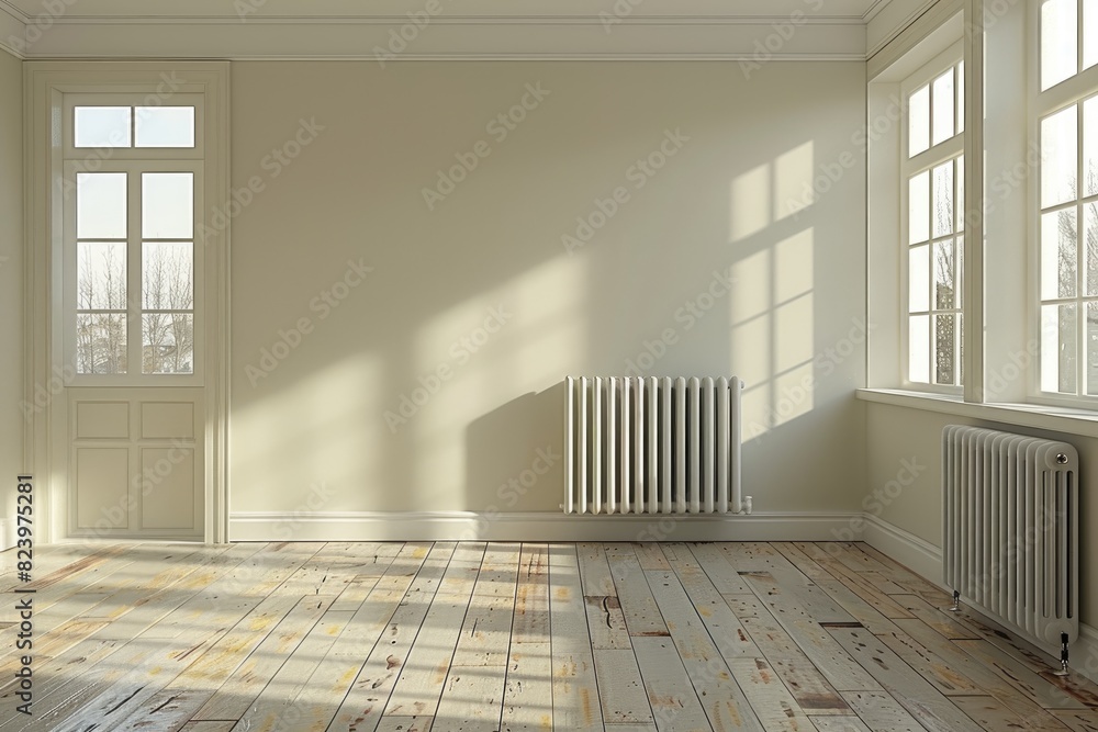Poster warm sunlight casting shadows from a window onto an empty room with radiator
