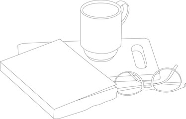 There are a glass of water, a book, paper and glasses on the table. The picture is in a minimalistic style. Outline drawing. Everyday life of a writer, artist. Inspiration in front of a blank white sh