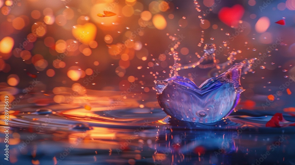 Poster heart-shaped object floating on water with a water splash