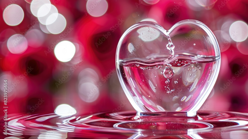 Poster a heart-shaped object floats on a body of water with a red and white boke of lights in the backgroun