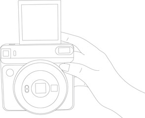 illustration hand taking a picture with an instant camera. An instant photo comes out of the camera.