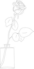 Hand drawn vector rose flower in vase linear contour silhouette isolated on white. One line illustration. Floral design element for print, beauty branding, card, poster. Minimal contemporary drawing.