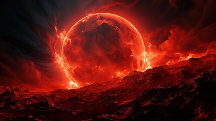 Fantasy landscape with planet and fire.