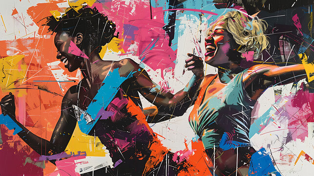 Two joyful women dance, laugh together, expressing happiness and camaraderie in a vibrant moment captured in this energetic image available on Adobe Stock