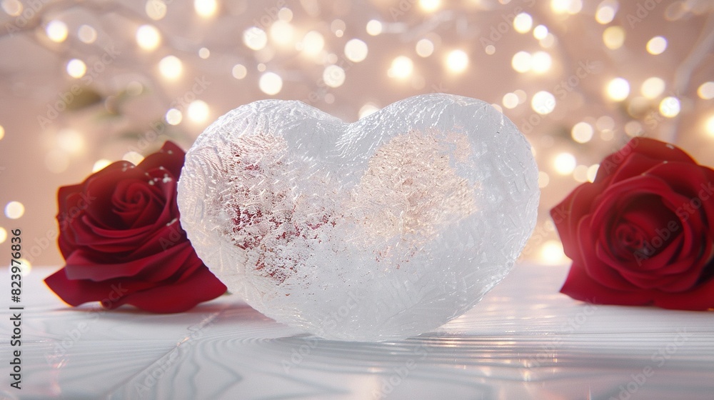 Poster close-up of heart-shaped object with roses in front of book of lights in the background