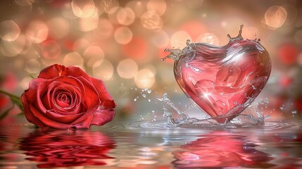   A red rose and a heart-shaped vase with water splashing on them