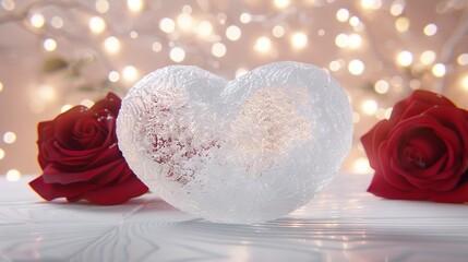   Close-up of heart-shaped object with roses in front of book of lights in the background