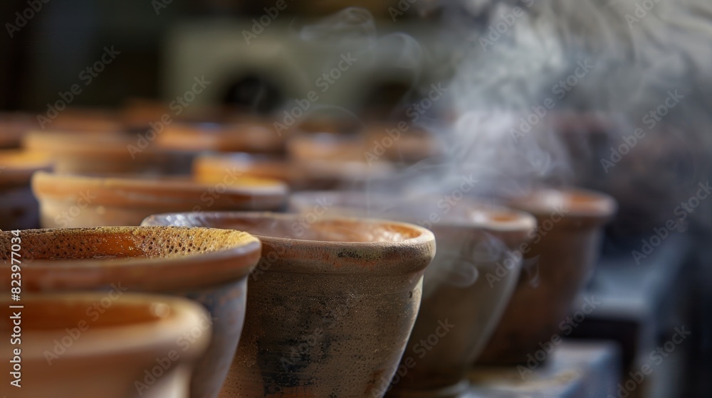 Aufkleber a series of small steaming mud pots lined up in a row each with its own unique texture and color.