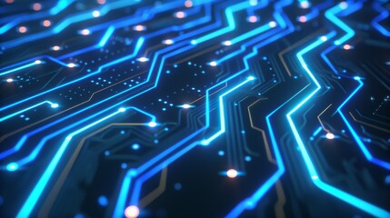 Intricate circuit board design with glowing blue pathways