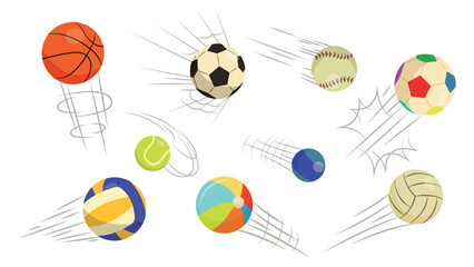 Set of beautiful balls in flight in cartoon style.Vector illustration of various sports balls flying: basketball, volleyball, soccer, tennis, baseball,handball,water polo isolated on white background.