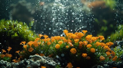   A close-up of a collection of plants with droplets of water on their upper and lower surfaces, positioned at the base of the image