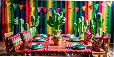Obraz premium Table setting with cacti and tacos, with garlands, bright holiday table