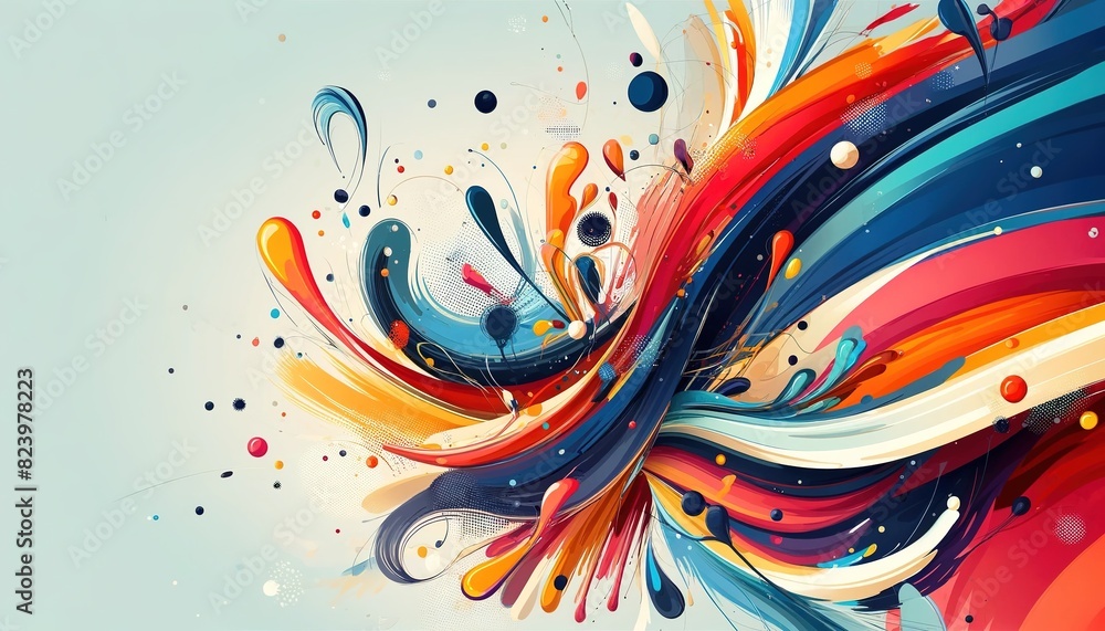 Poster an abstract composition with a dynamic color swirl of shapes and splashes