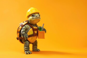 A playful image of a turtle dressed in a construction worker's attire, holding a tiny toolbox and wearing a hard hat, positioned with space in the frame against a solid orange background.