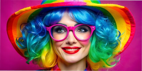 Obraz premium clown woman with colored hair with a smile in glasses, idea, background, wallpaper