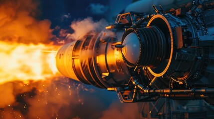 Close-up of a rocket engine during a test fire, showcasing its power and innovation in aerospace technology