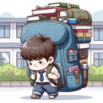 A primary school student carries a very large and heavy backpack with school items, difficulty in learning