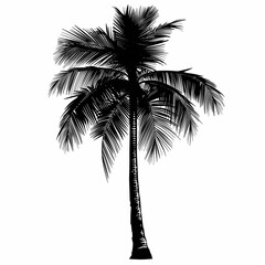 A large palm tree is depicted in black and white