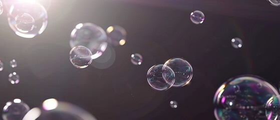 soap bubbles flying in the air, dark background