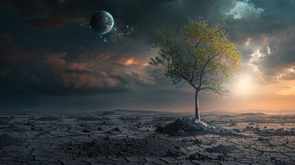 Fototapeta premium Twilight sky with lone tree on barren landscape, branches holding miniature planets and hovering spacecraft