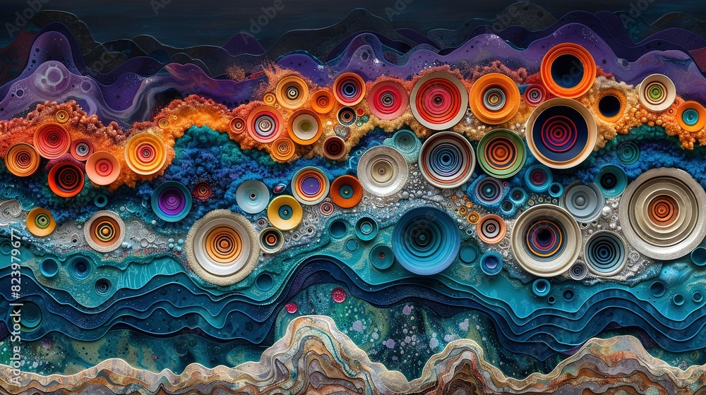 Poster a close-up of a colorful abstract painting, featuring various sized circles and dynamic shapes on th