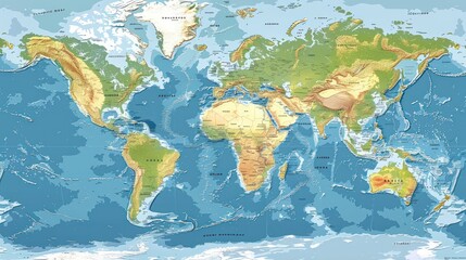 world map showing the various continents and oceans, highlighting different angles of Earth's surface with detailed terrain features such as mountains, deserts, forests, and ocean patterns