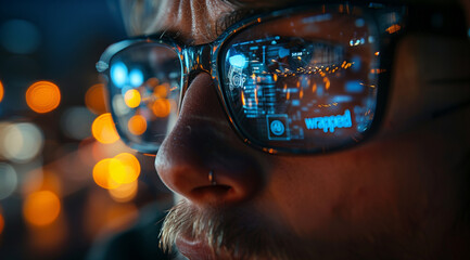 virtual reality, hacking and programming concept - close up of  male hacker's face in vr glasses with computer program projection