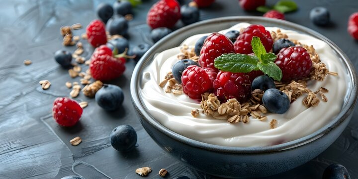 Creamy Greek Yogurt Parfait with Granola and Fresh Berries: A Delicious Breakfast Option. Concept Healthy Breakfast, Greek Yogurt Recipes, Homemade Parfaits, Fresh Berry Ideas, Granola Toppings,