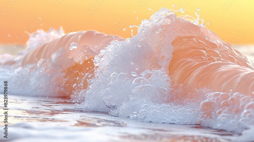 Poster a close-up of a wave on a beach with water splashing on its top and bottom