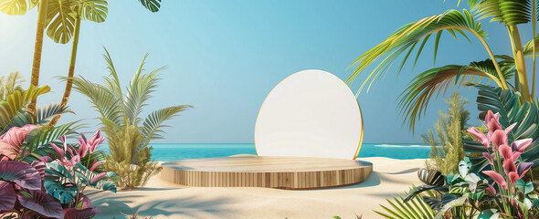 A beach scene with palm trees and a white round structure