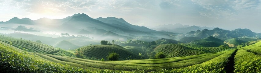 Obraz premium Beautiful landscape green fields of spring with distant mountains in the background, bright sunshine illuminating lush leaves and rows of short plants