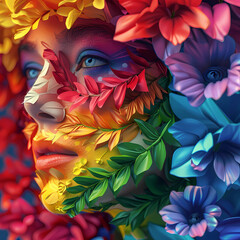 Portrait of a woman, A striking image of a woman, her makeup an explosion of colors, surrounded by an array of vibrant flowers, creating a captivating scene of beauty and nature.
