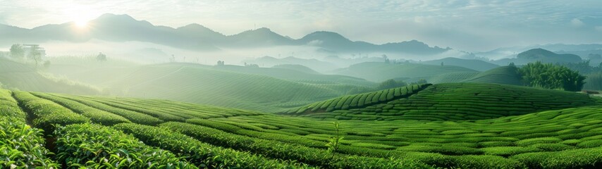 Obraz premium Beautiful landscape green fields of spring with distant mountains in the background, bright sunshine illuminating lush leaves and rows of short plants