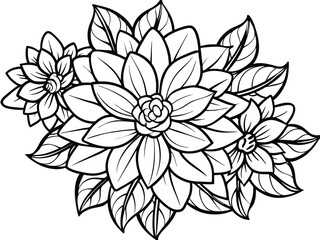 Elegant floral arrangement line art with blooming flowers and leaves, black and white outline vector illustration