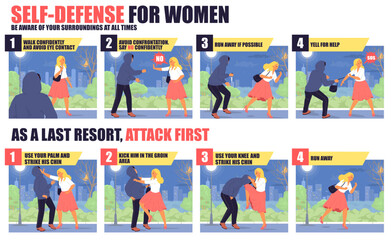 Obraz premium Self-defense techniques for woman infographics vector illustration. As last resort attack first. Safety wrestling to protect from aggressive behavior of thief burglar or street hooligan