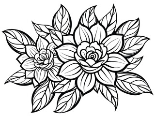 Elegant Black and White Outline of Two Stylized Blooming Flowers with Leaves, Intricate Floral Design Element
