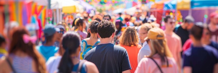 A diverse crowd of people walking down a street at a cultural festival with colorful tents and activities