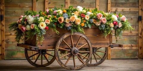 Flower Day, a cart full of flowers and bouquets, near the wall, various flowers in a wooden cart